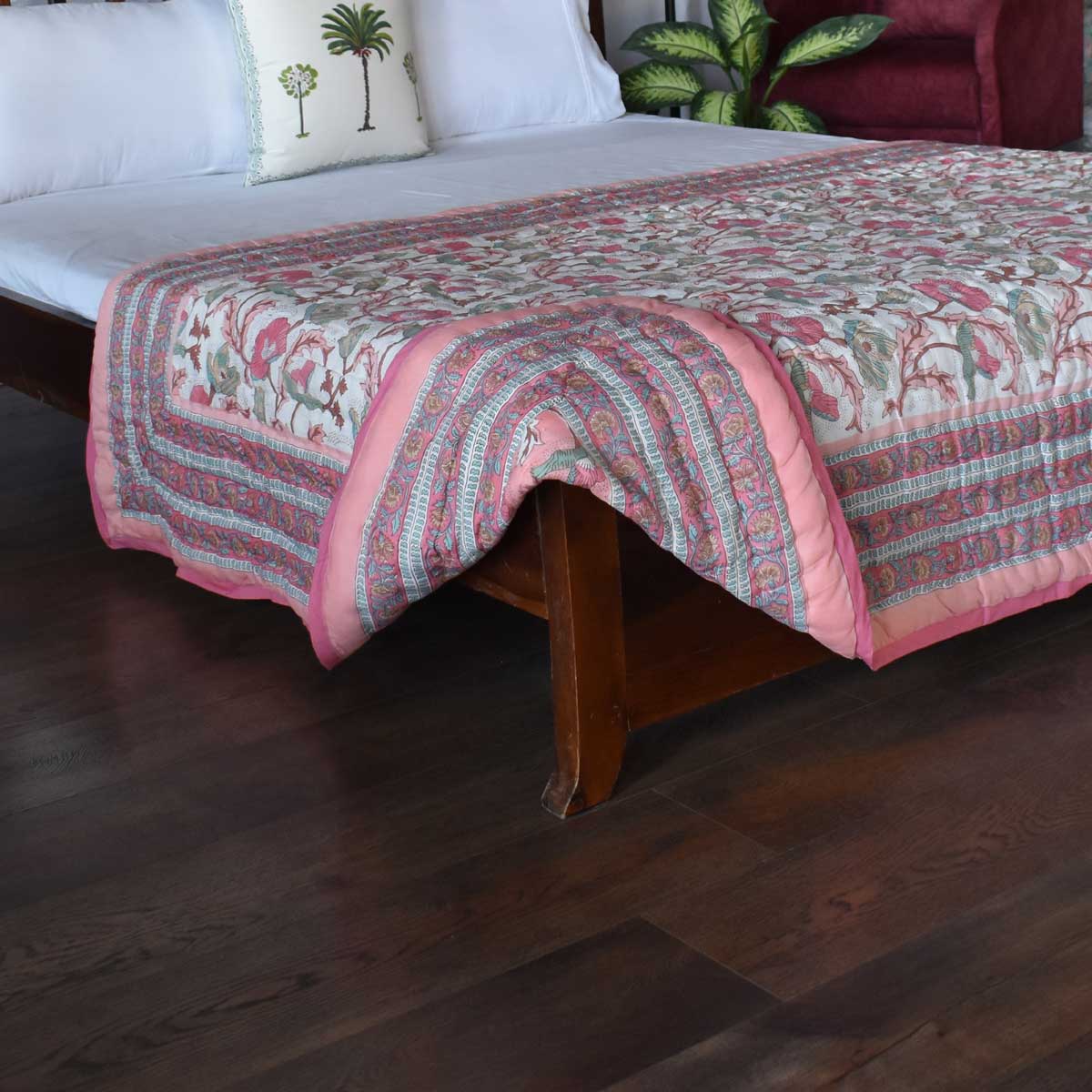 Hand Block Printed Cotton Twin Size Quilt Pink Red Phool 906188