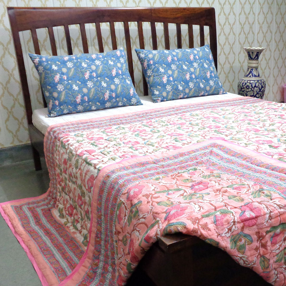 Hand Block Printed Cotton Queen Size Quilt Pink Red Phool 906188