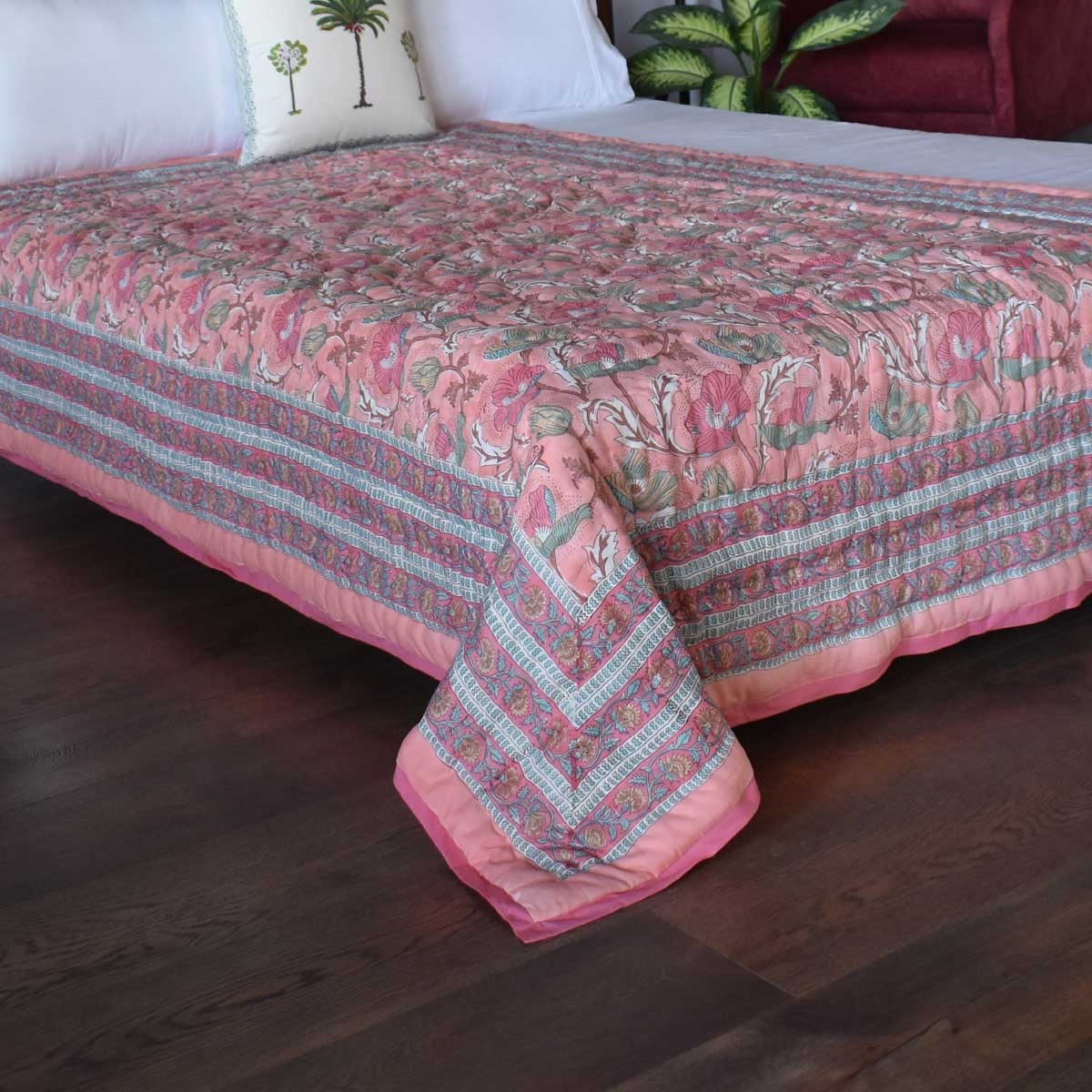 Hand Block Printed Cotton Twin Size Quilt Pink Red Phool 906188