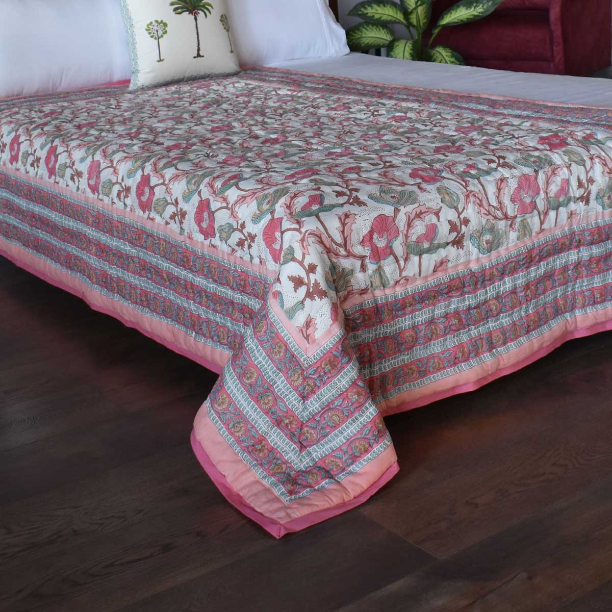 Hand Block Printed Cotton Twin Size Quilt Pink Red Phool 906188