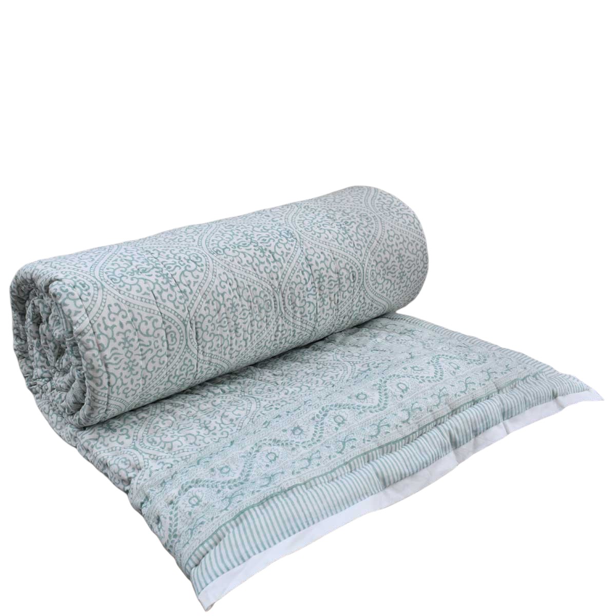 Hand Block Printed Cotton King Size Quilt Rang Mahal Green 202216