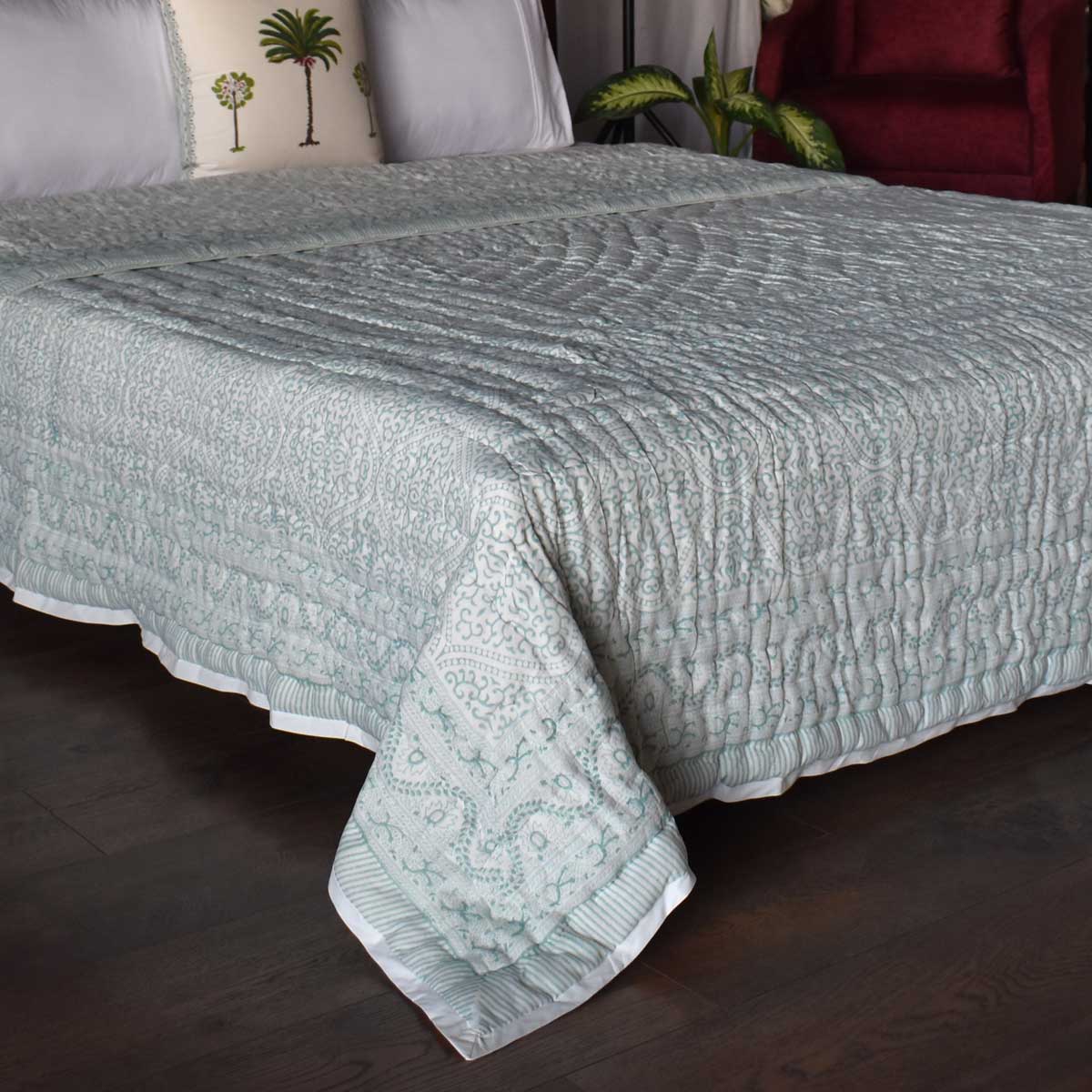 Hand Block Printed Cotton King Size Quilt Rang Mahal Green 202216