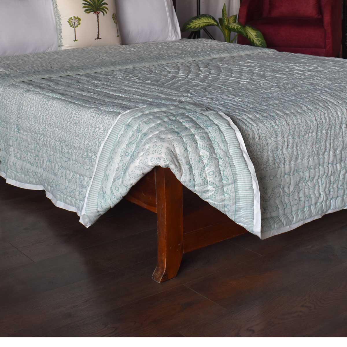 Hand Block Printed Cotton King Size Quilt Rang Mahal Green 202216