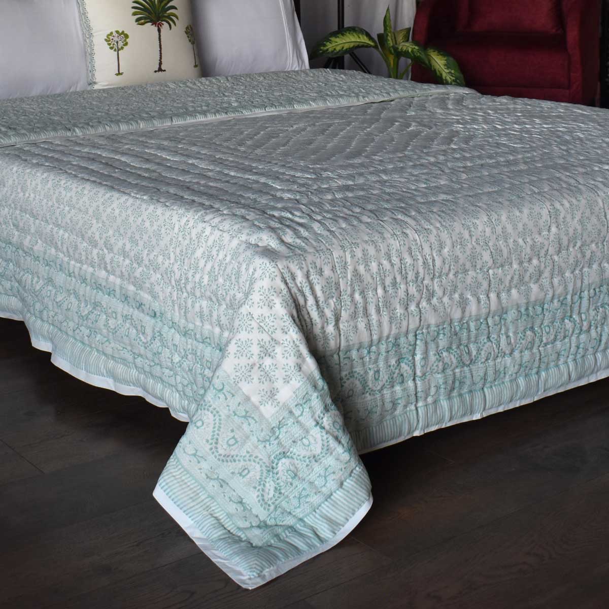Hand Block Printed Cotton King Size Quilt Rang Mahal Green 202216