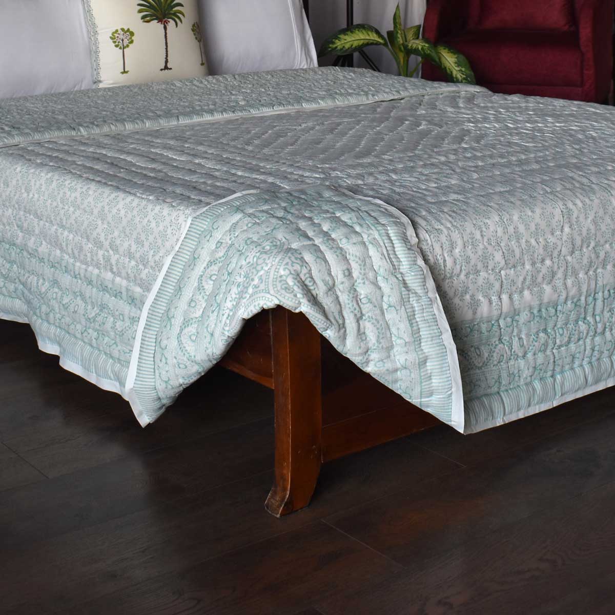 Hand Block Printed Cotton King Size Quilt Rang Mahal Green 202216