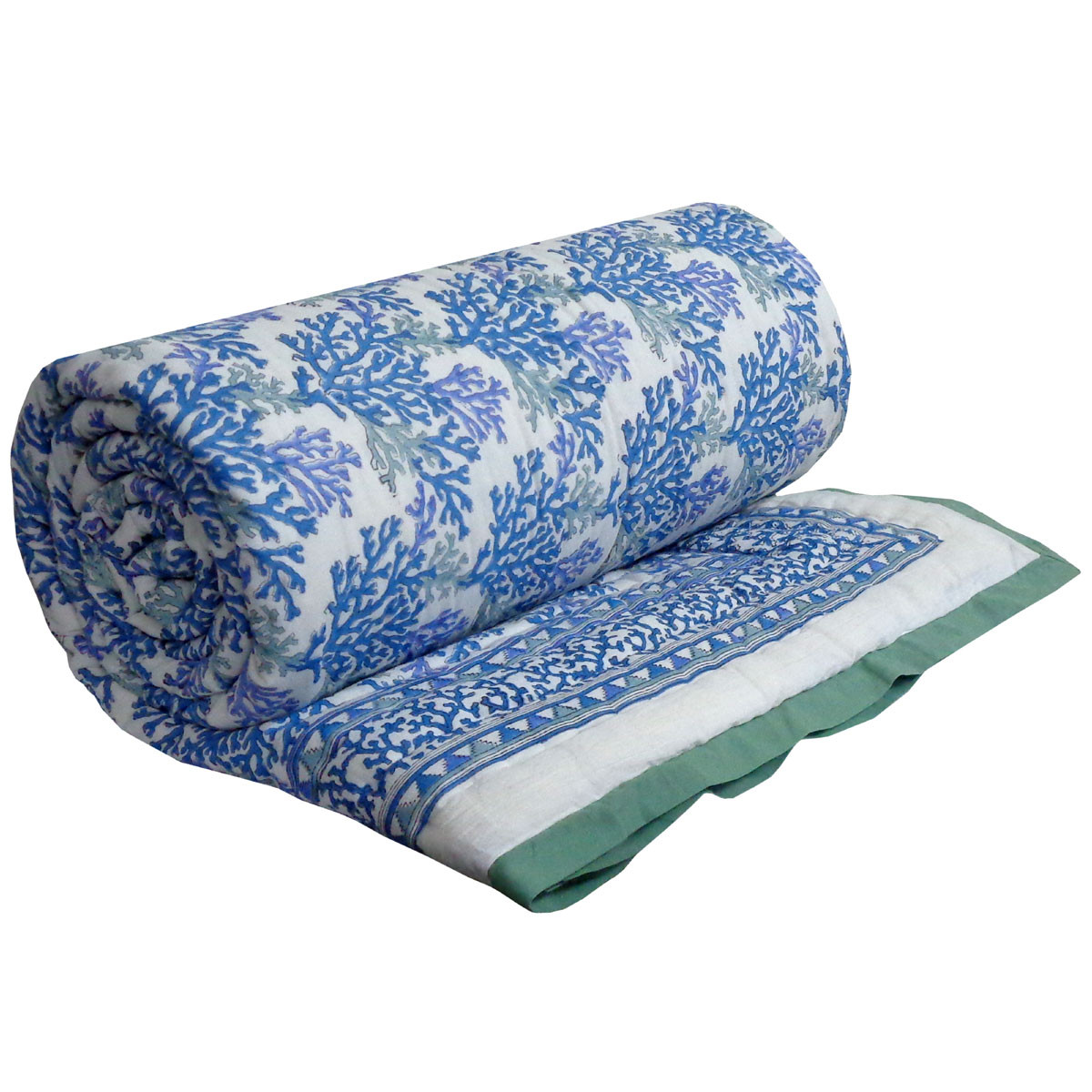 Hand Block Printed Cotton Queen Size Quilt   Coral Multi Blue 502087
