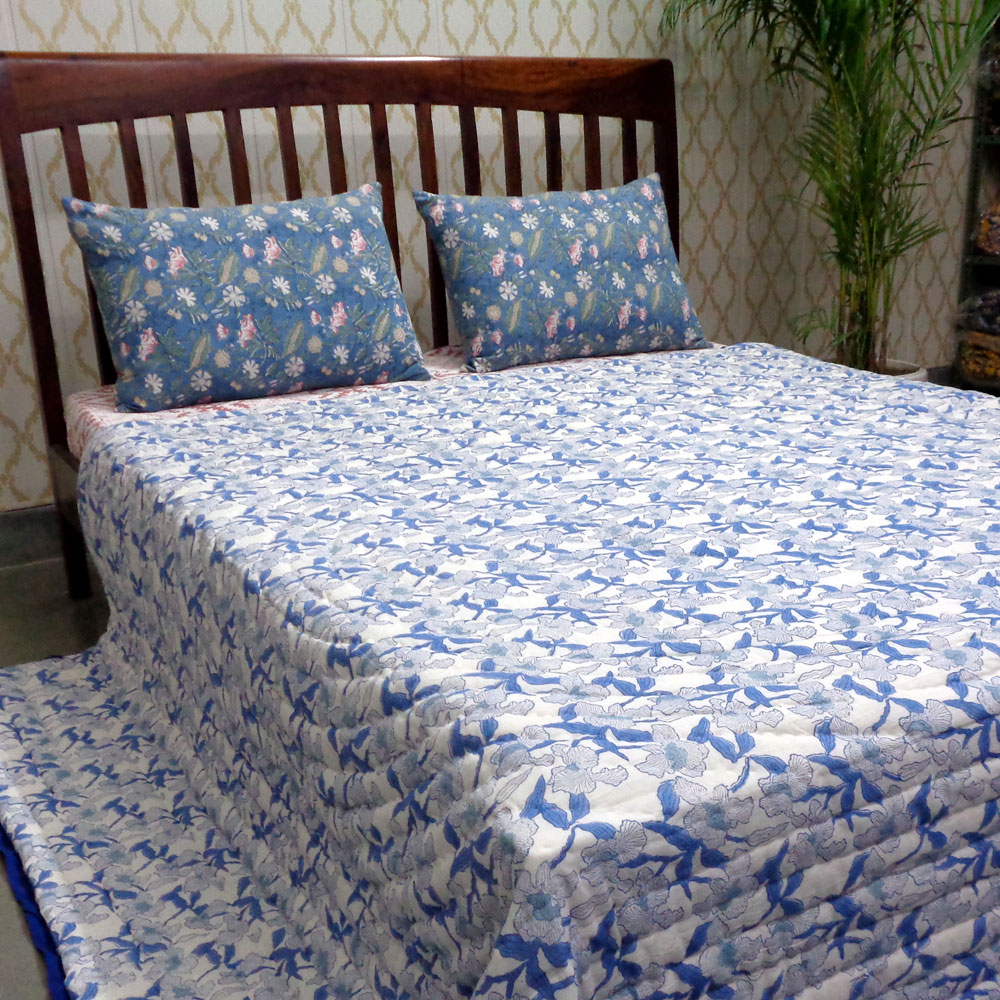 Hand Block Printed Cotton Queen Size Quilt Orchid Aqua 203890