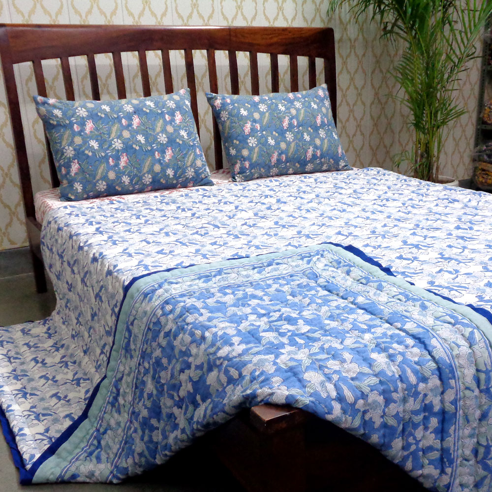 Hand Block Printed Cotton Queen Size Quilt Orchid Aqua 203890
