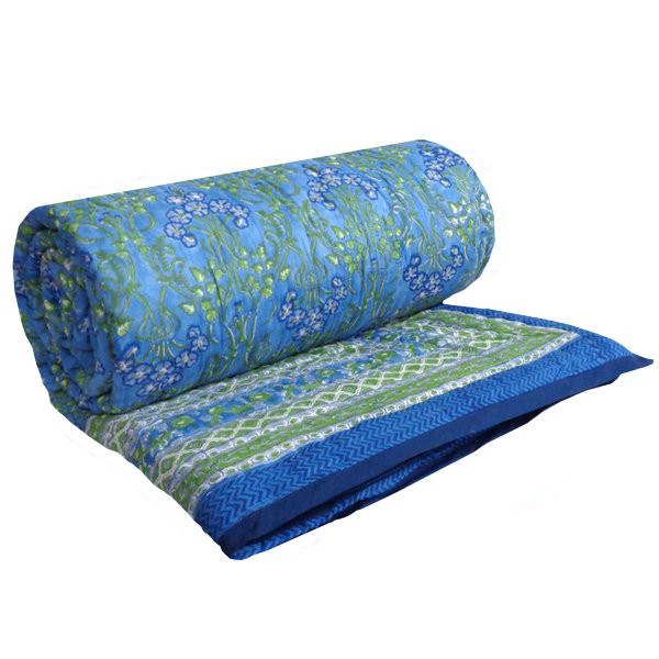 Hand Block Printed Cotton Quilt King Size  Raat Ki Rani Blue 230802