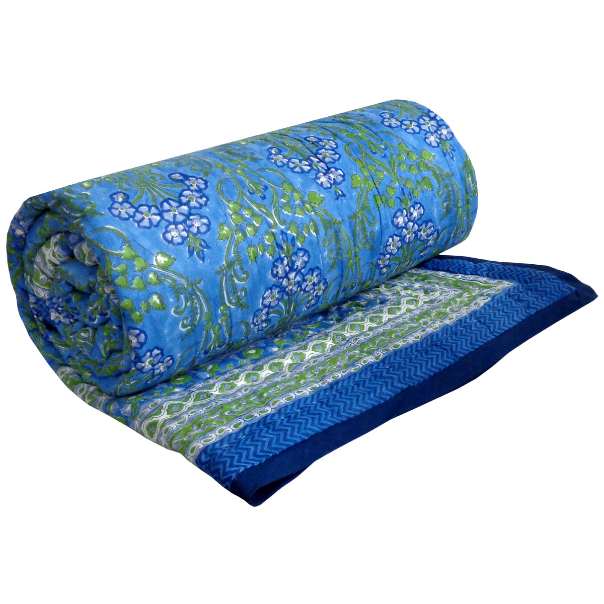 Hand Block Printed Cotton Twin Size Quilt Raat Ki Rani Blue 230802
