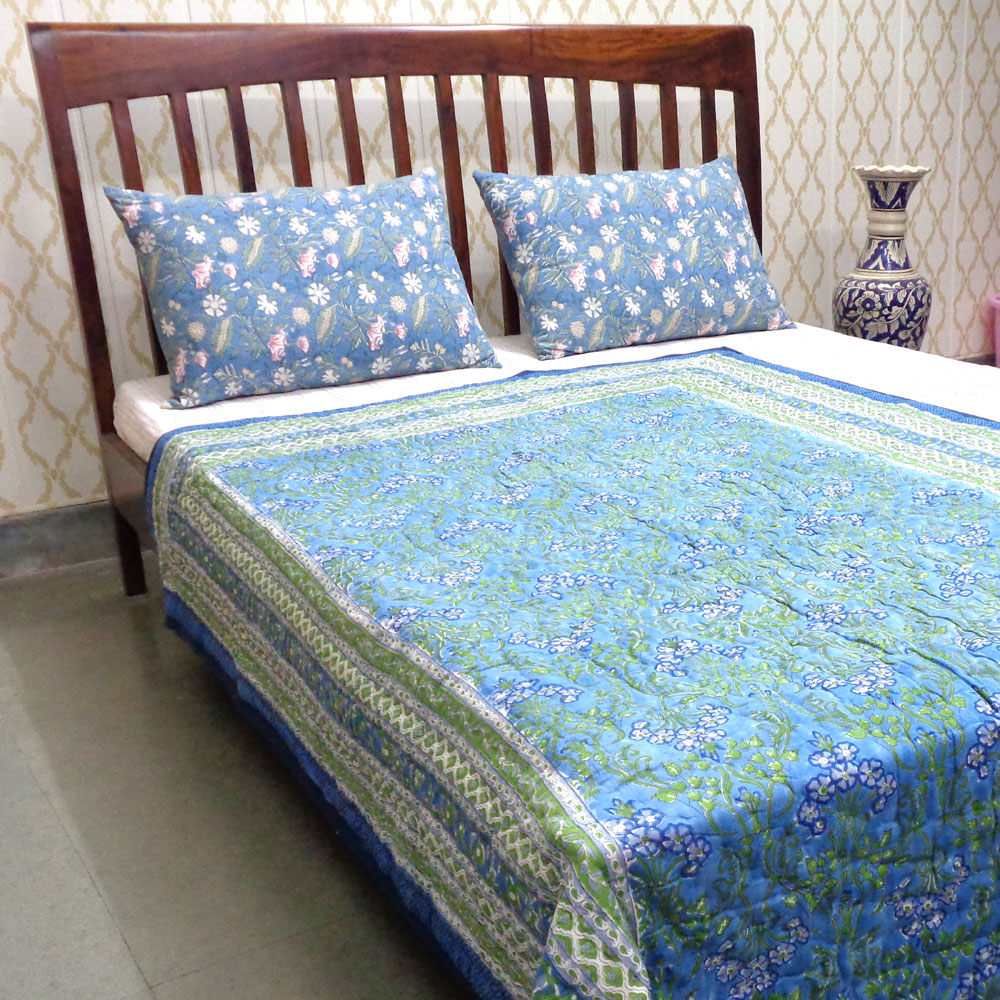 Hand Block Printed Cotton Twin Size Quilt Raat Ki Rani Blue 230802
