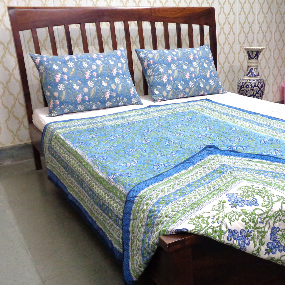 Hand Block Printed Cotton Twin Size Quilt Raat Ki Rani Blue 230802