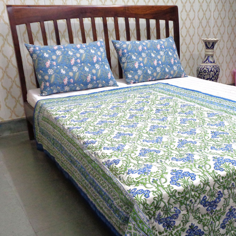 Hand Block Printed Cotton Twin Size Quilt Raat Ki Rani Blue 230802