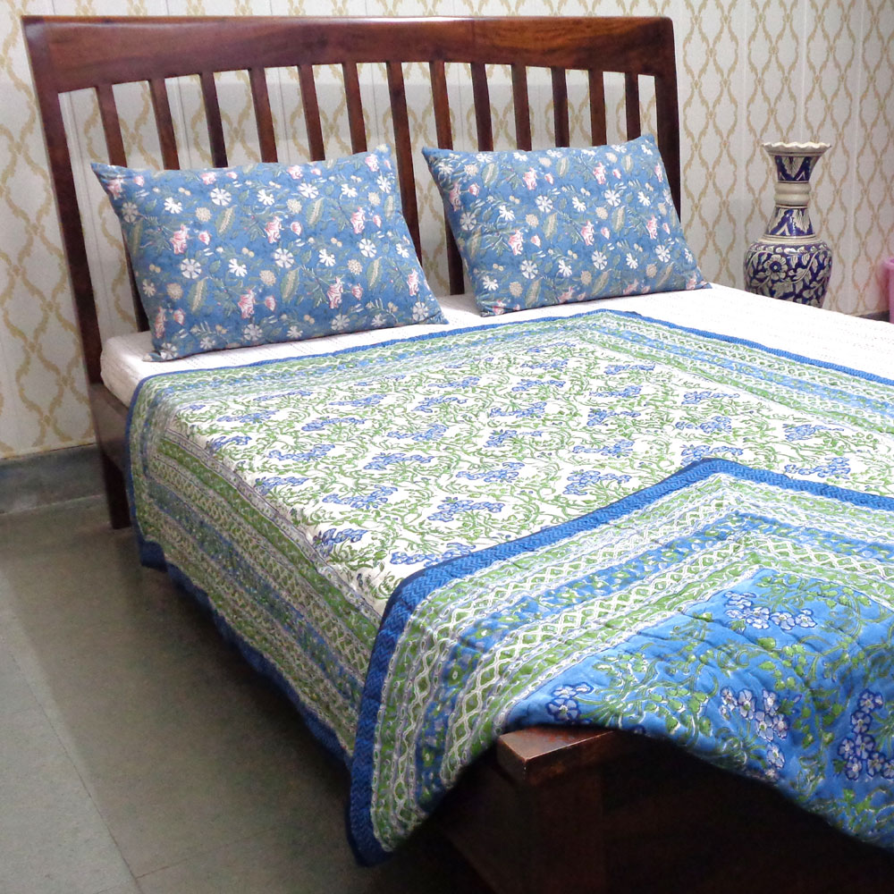 Hand Block Printed Cotton Twin Size Quilt Raat Ki Rani Blue 230802