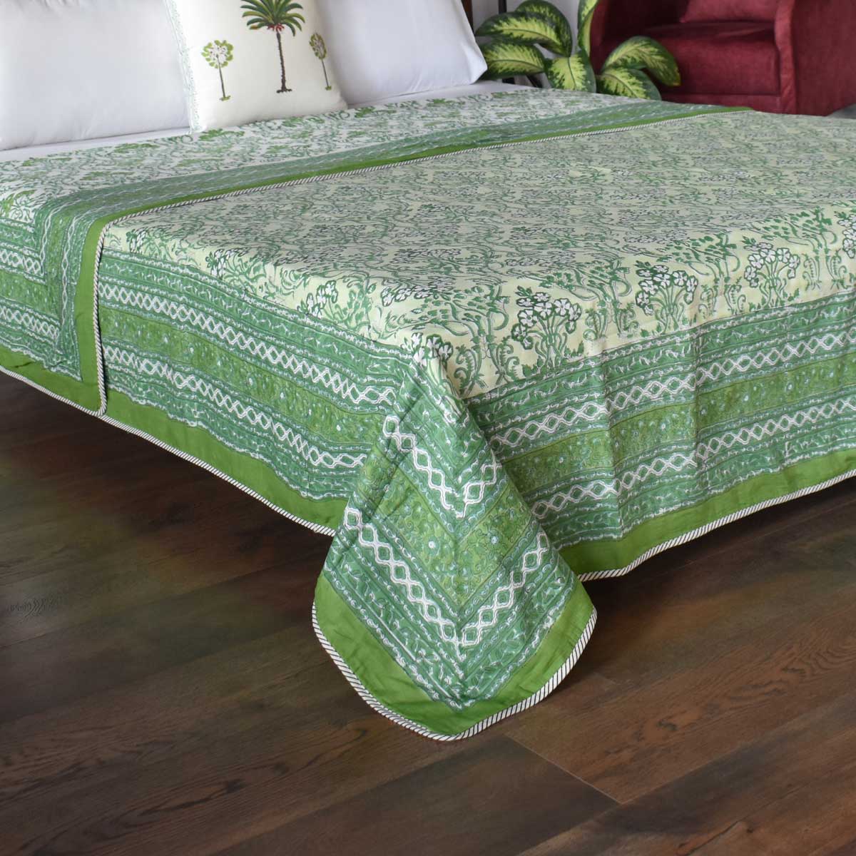 Indian Hand Block Printed Cotton Dohar Queen Size Raat Ki Rani Green 207006