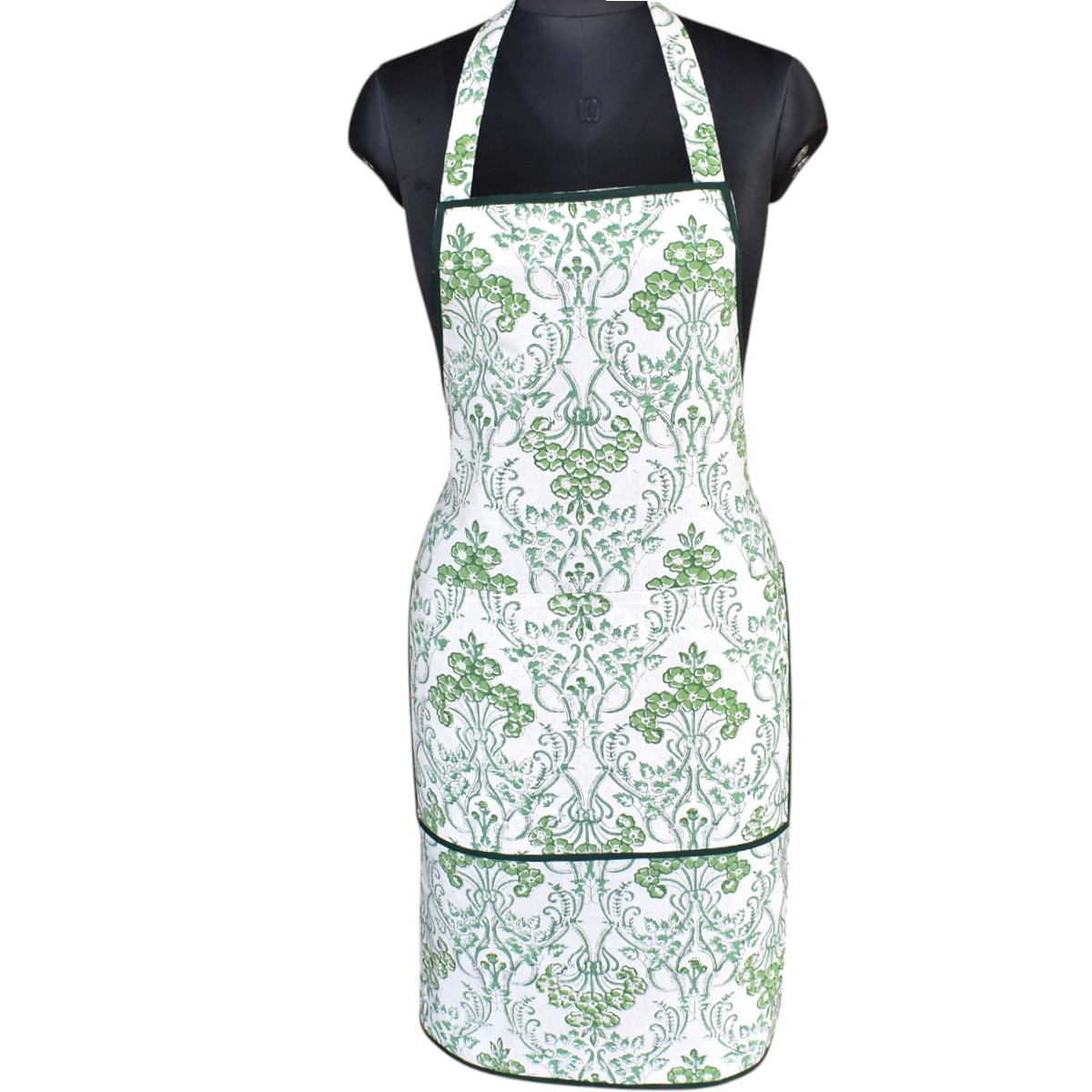Indian Block-Printed 100 Cotton Apron Raat Ki Rani Green 207006