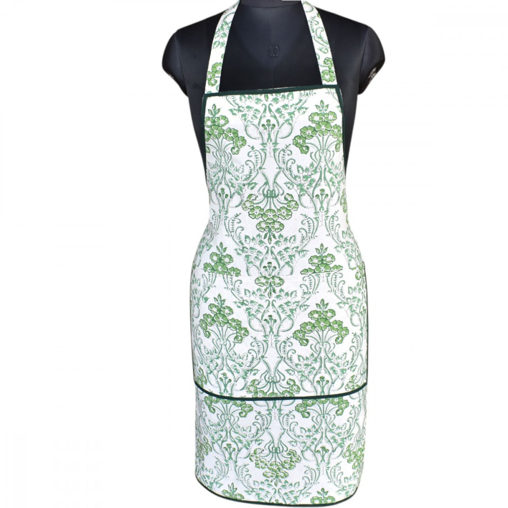 Image of Indian Block-Printed 100% Cotton Apron |  Raat Ki Rani Green 207006