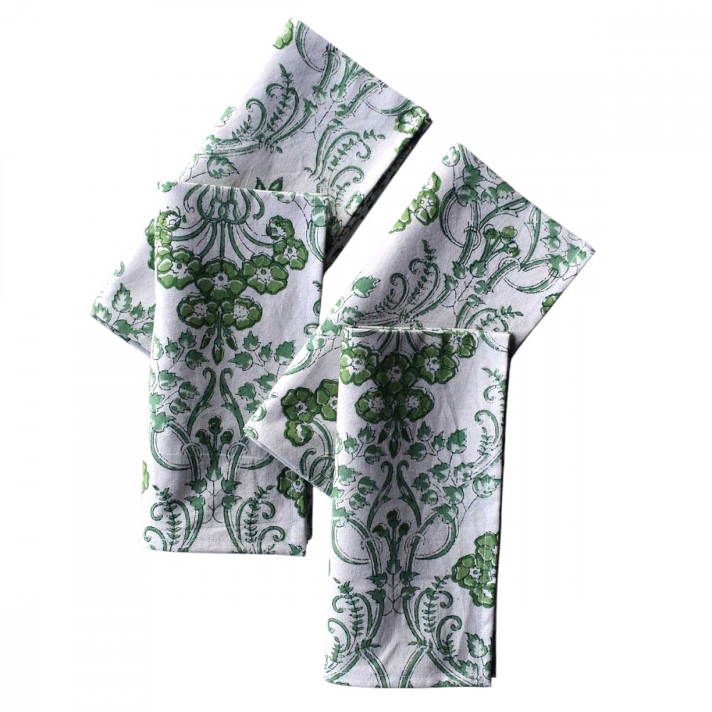 Image of Hand Block Printed Cotton Napkin 45x45 cms (Set of 4 Napkins) | Raat Ki Rani Green 207006