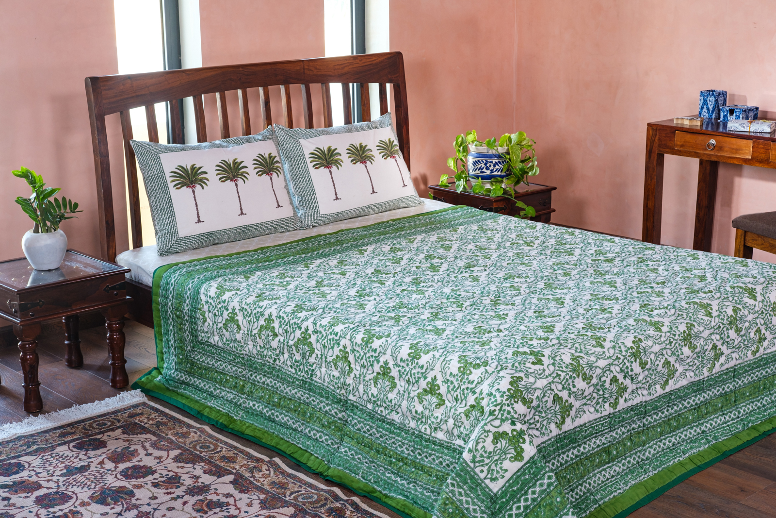 Hand Block Printed Cotton Queen Size Quilt Raat Ki Rani Green 207006