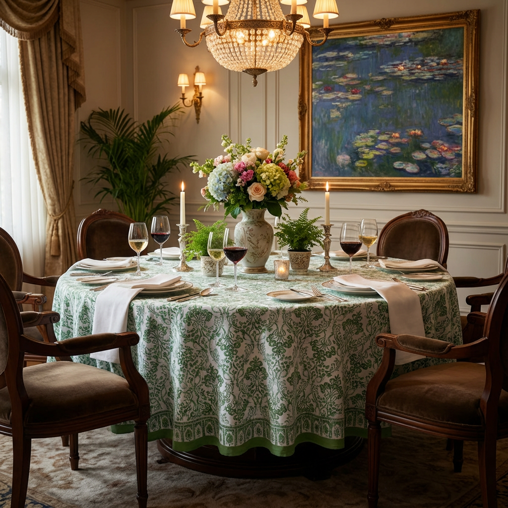 Hand Block Printed Cotton Round Tablecloth 180 cms Raat Ki Rani Green 207006