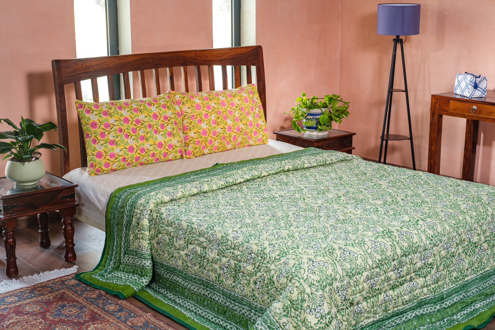 Hand Block Printed Cotton Quilt King Size Raat Ki Rani Green 207006