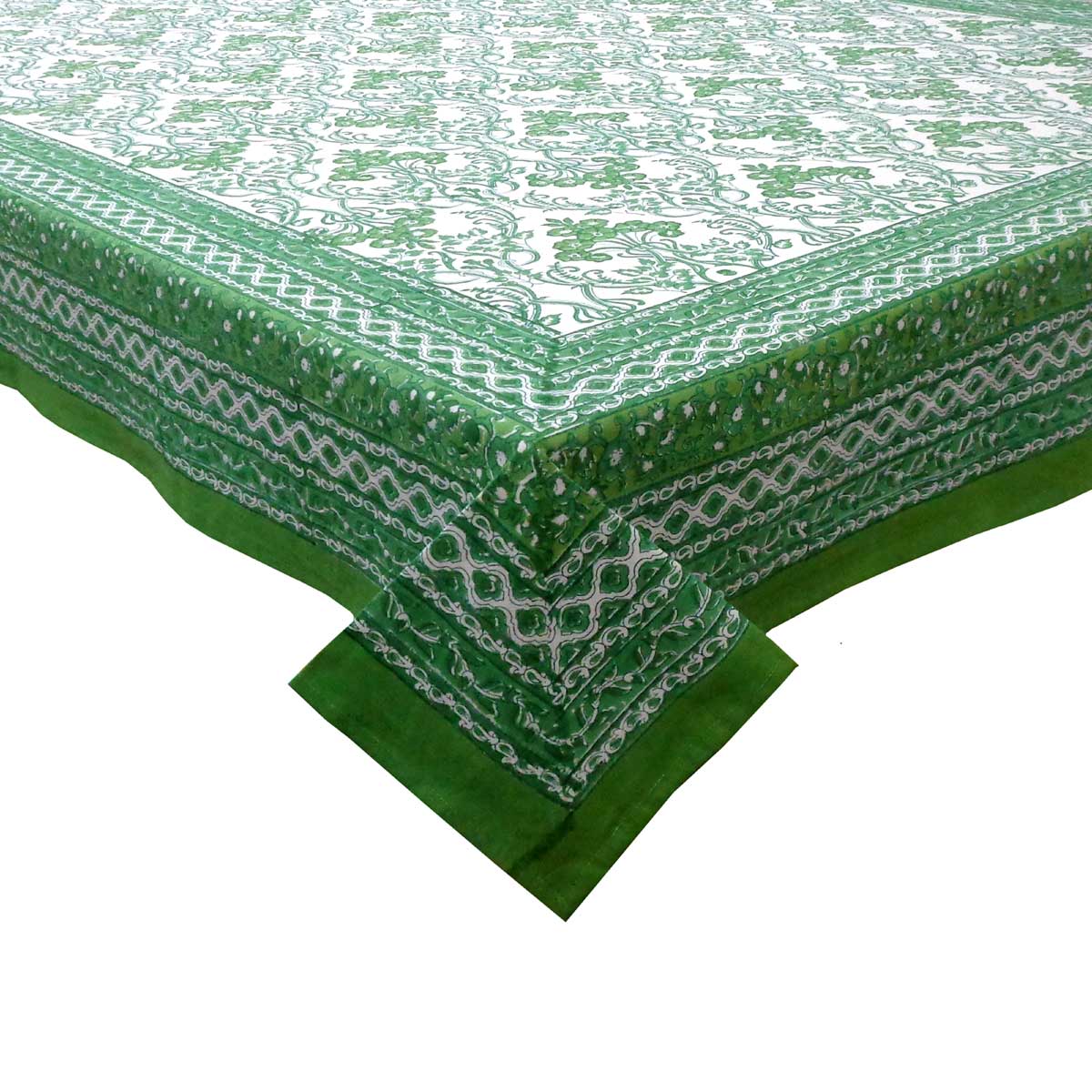 Hand Block Printed Cotton Tablecloth 150x220 cms Raat Ki Rani Green 207006