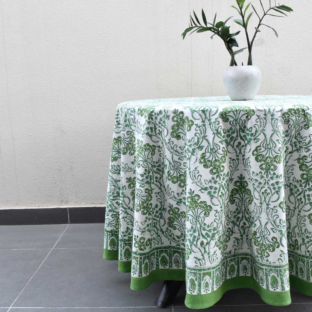 Hand Block Printed Cotton Round Tablecloth 220 cms Raat Ki Rani Green 207006
