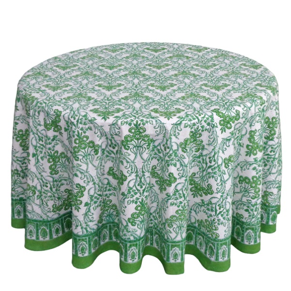 Hand Block Printed Cotton Round Tablecloth 275 cms Raat Ki Rani Green 207006