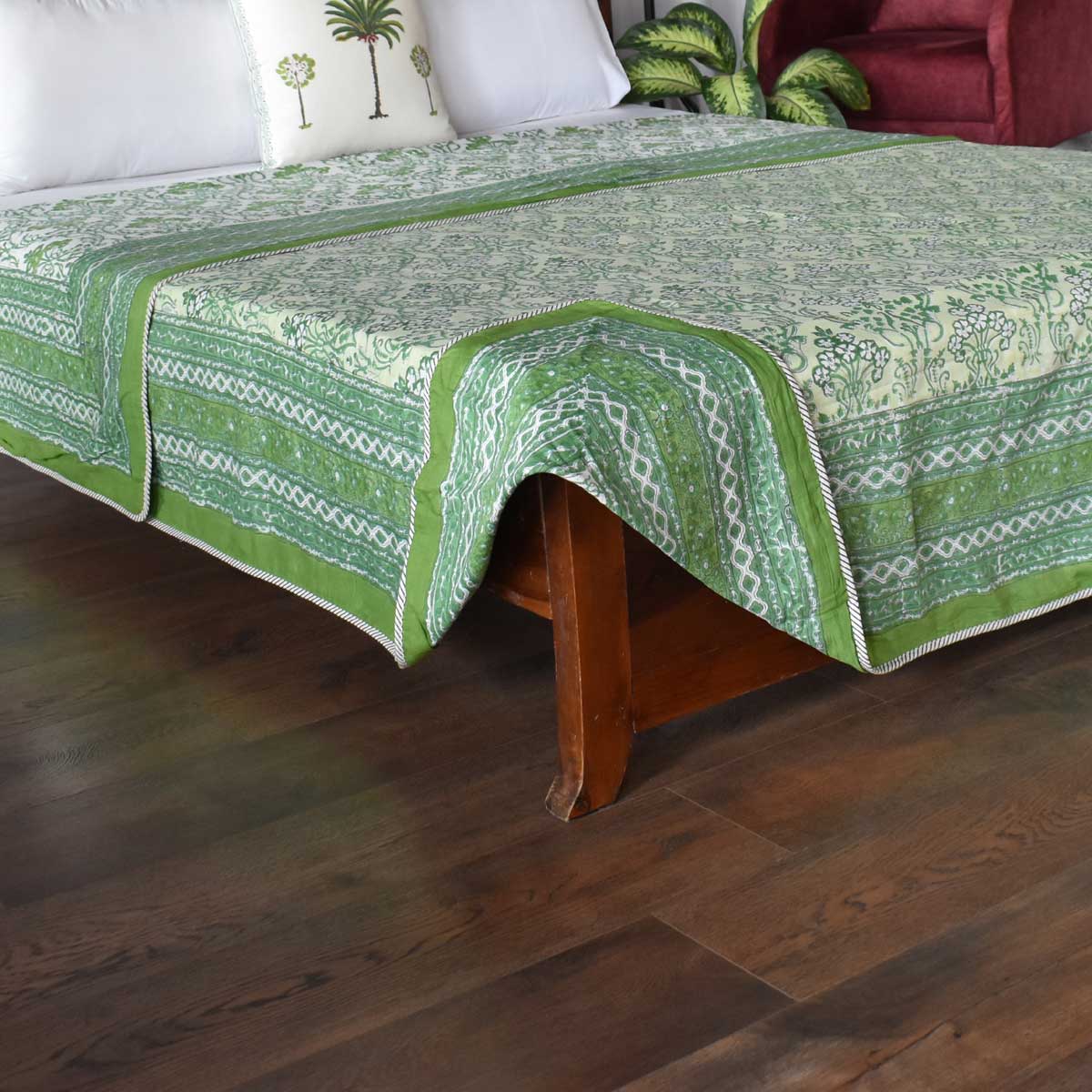 Indian Hand Block Printed Cotton Dohar Queen Size Raat Ki Rani Green 207006