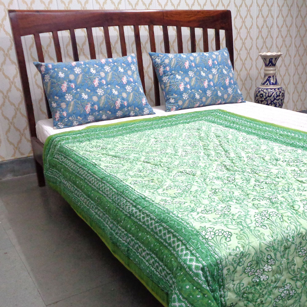 Hand Block Printed Cotton Twin Size Quilt Raat Ki Rani Green 207006