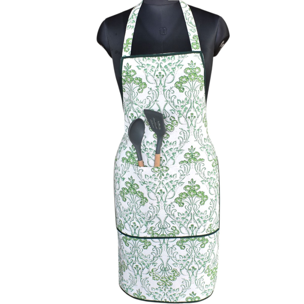 Indian Block-Printed 100 Cotton Apron Raat Ki Rani Green 207006