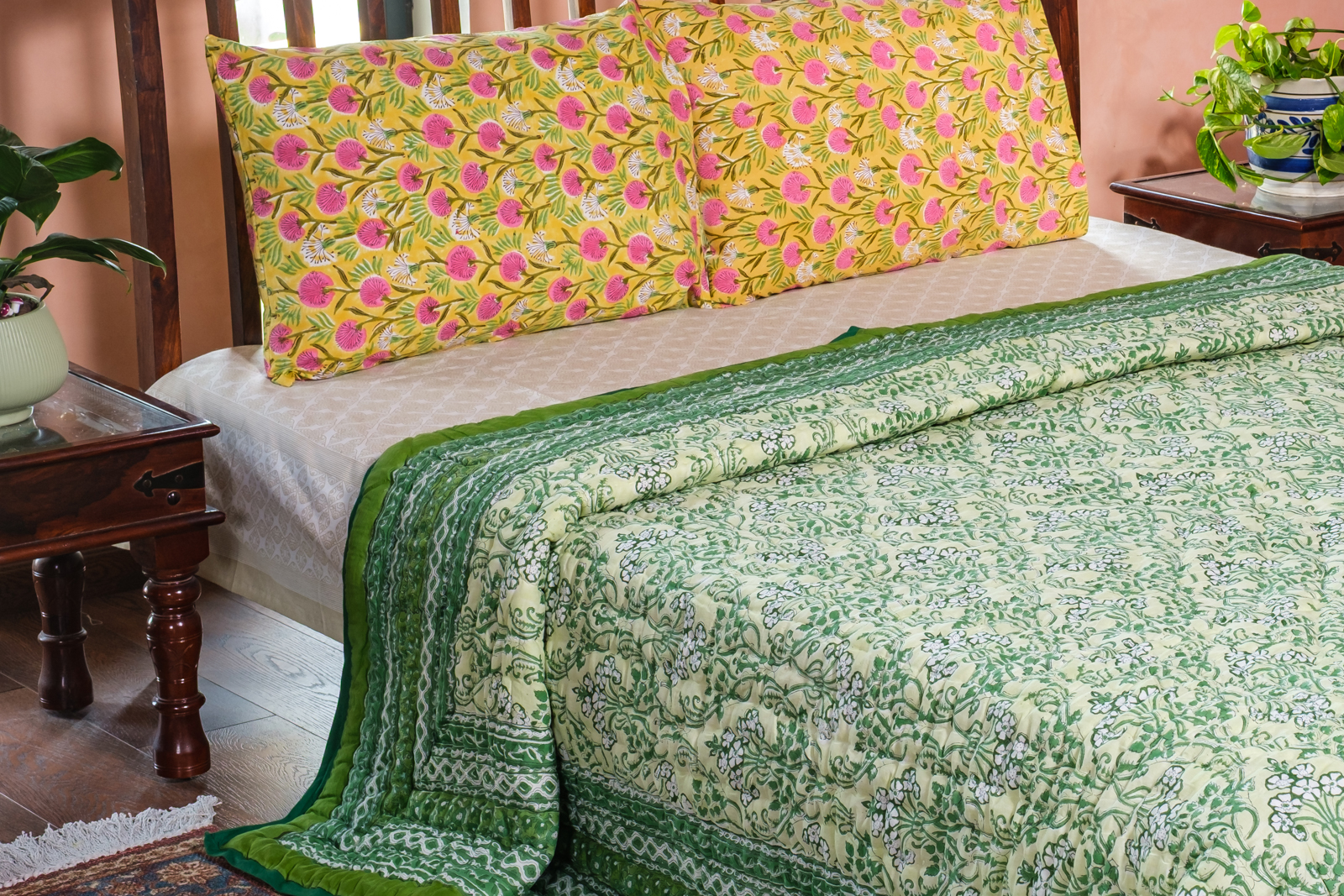 Hand Block Printed Cotton Quilt King Size Raat Ki Rani Green 207006