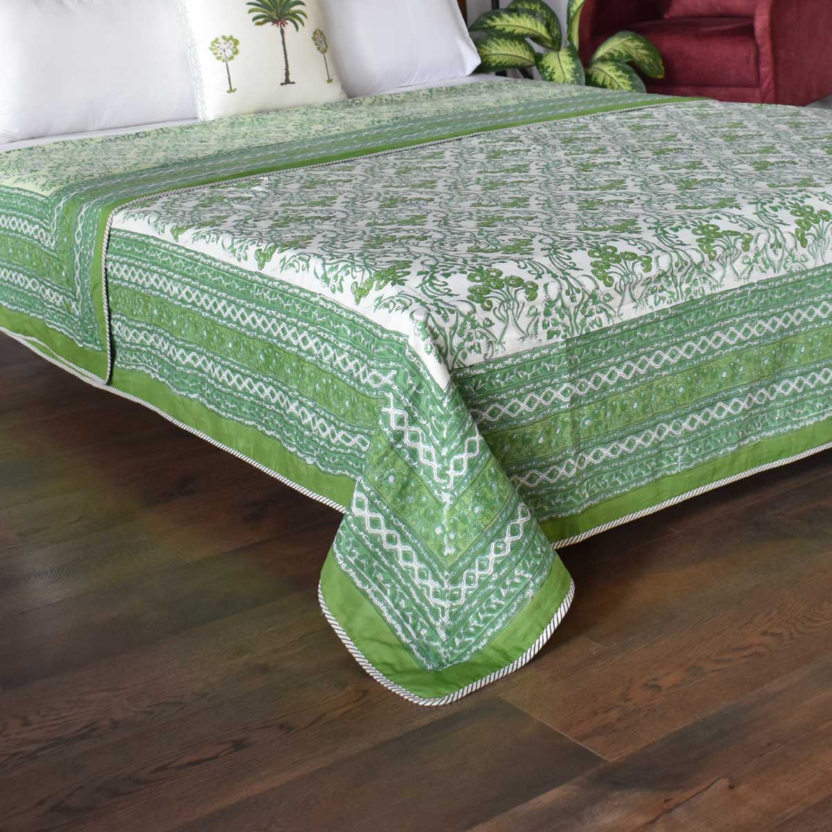 Indian Hand Block Printed Cotton Dohar Queen Size Raat Ki Rani Green 207006