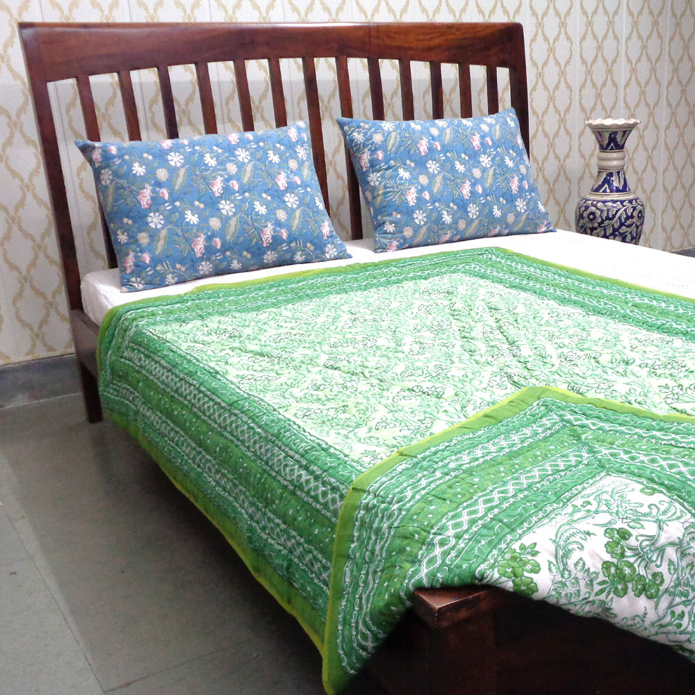 Hand Block Printed Cotton Twin Size Quilt Raat Ki Rani Green 207006