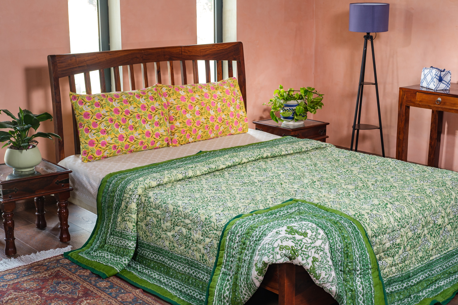 Hand Block Printed Cotton Quilt King Size Raat Ki Rani Green 207006