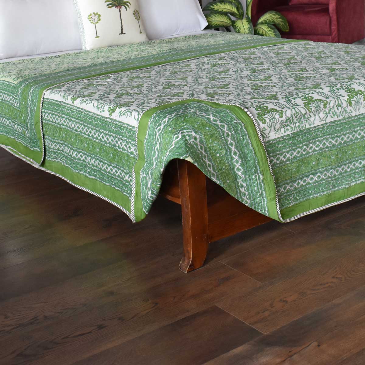 Indian Hand Block Printed Cotton Dohar Queen Size Raat Ki Rani Green 207006