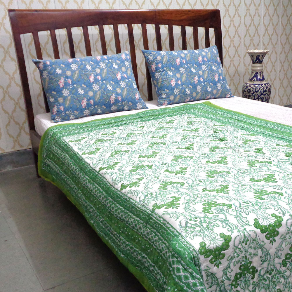 Hand Block Printed Cotton Twin Size Quilt Raat Ki Rani Green 207006