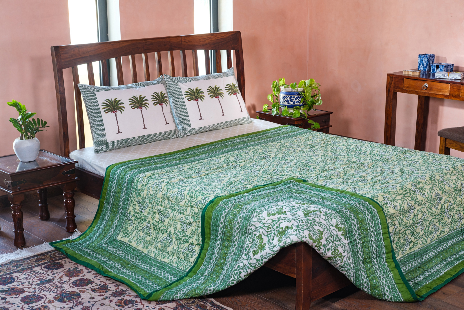 Hand Block Printed Cotton Queen Size Quilt Raat Ki Rani Green 207006