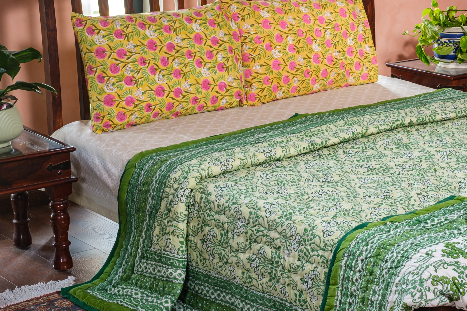 Hand Block Printed Cotton Quilt King Size Raat Ki Rani Green 207006