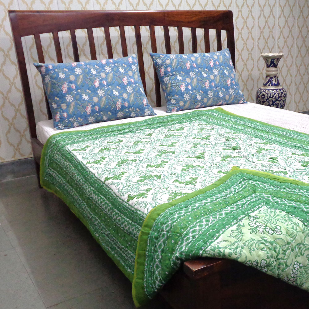 Hand Block Printed Cotton Twin Size Quilt Raat Ki Rani Green 207006