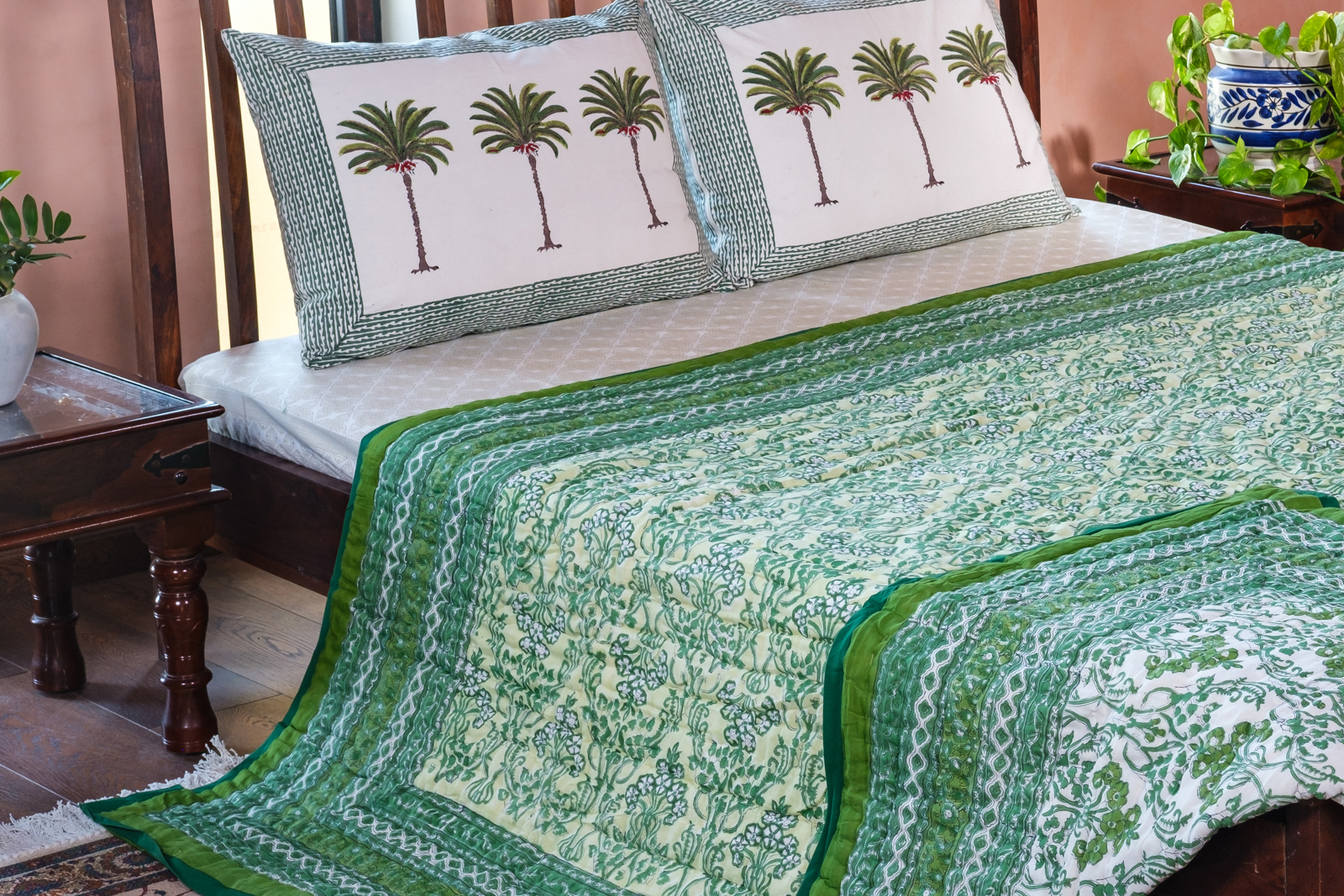 Hand Block Printed Cotton Queen Size Quilt Raat Ki Rani Green 207006