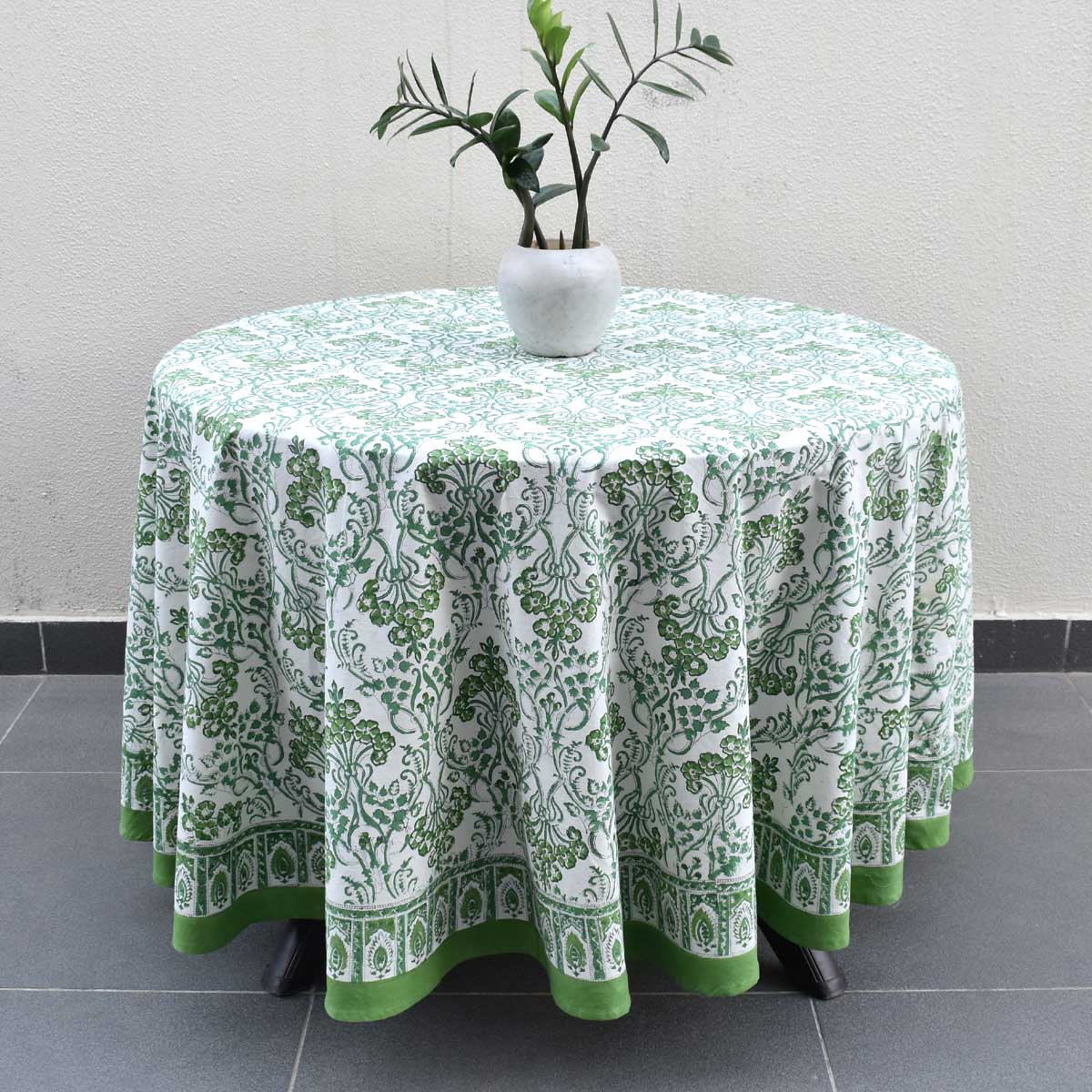Hand Block Printed Cotton Round Tablecloth 150 cms Raat Ki Rani Green 207006