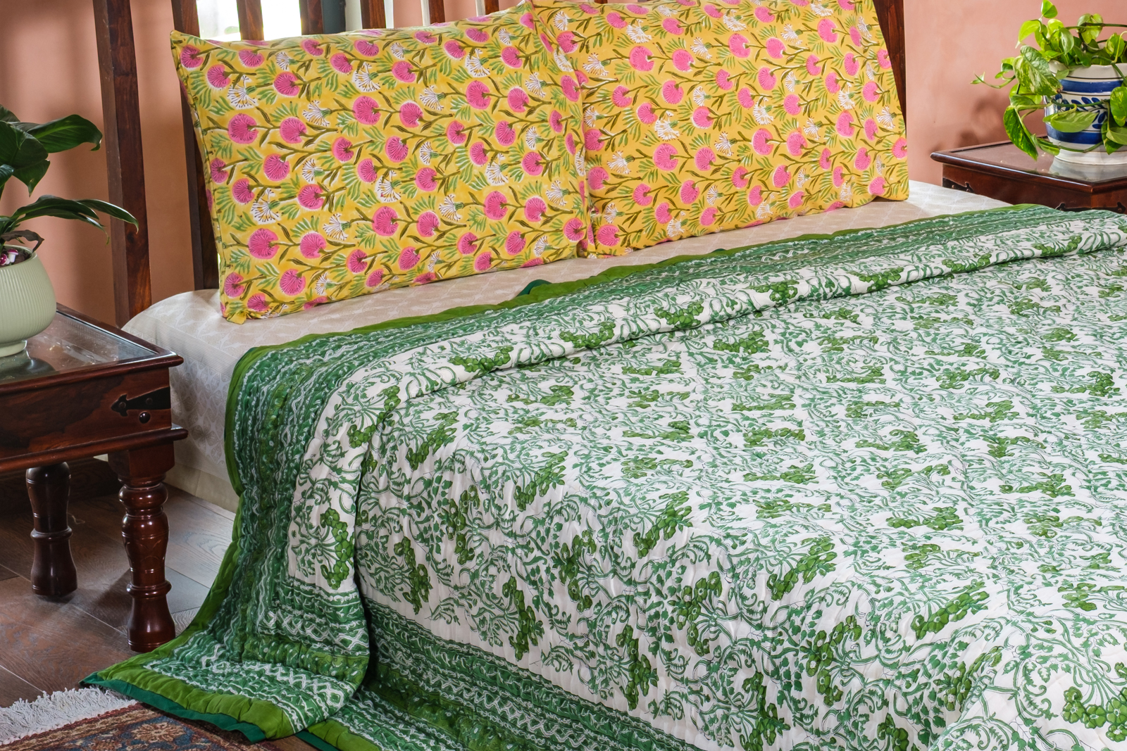 Hand Block Printed Cotton Quilt King Size Raat Ki Rani Green 207006