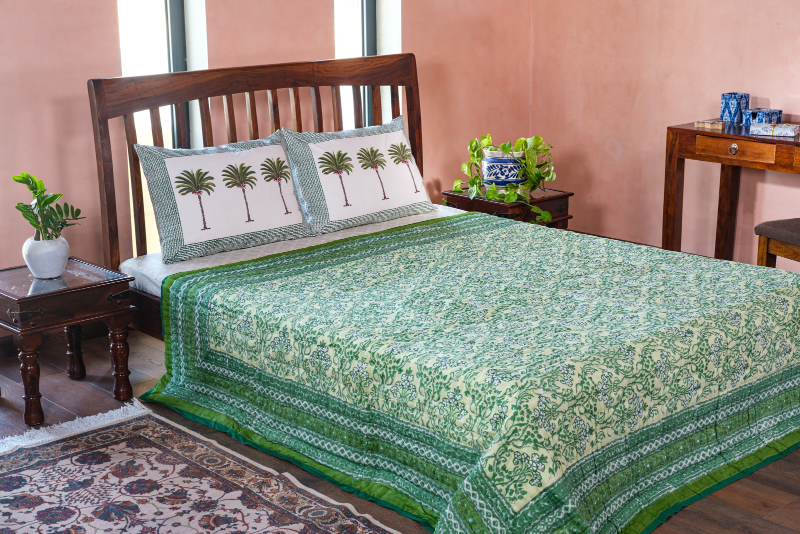 Hand Block Printed Cotton Queen Size Quilt Raat Ki Rani Green 207006