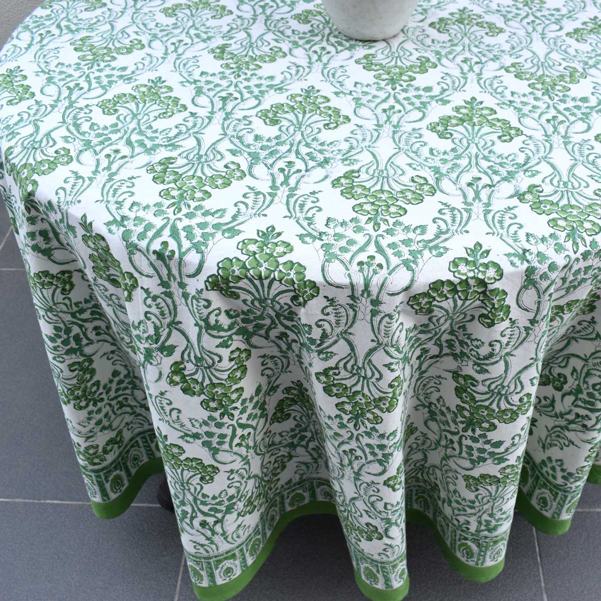 Hand Block Printed Cotton Round Tablecloth 275 cms Raat Ki Rani Green 207006