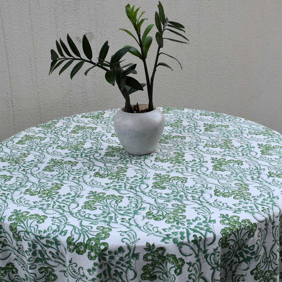 Hand Block Printed Cotton Round Tablecloth 150 cms Raat Ki Rani Green 207006