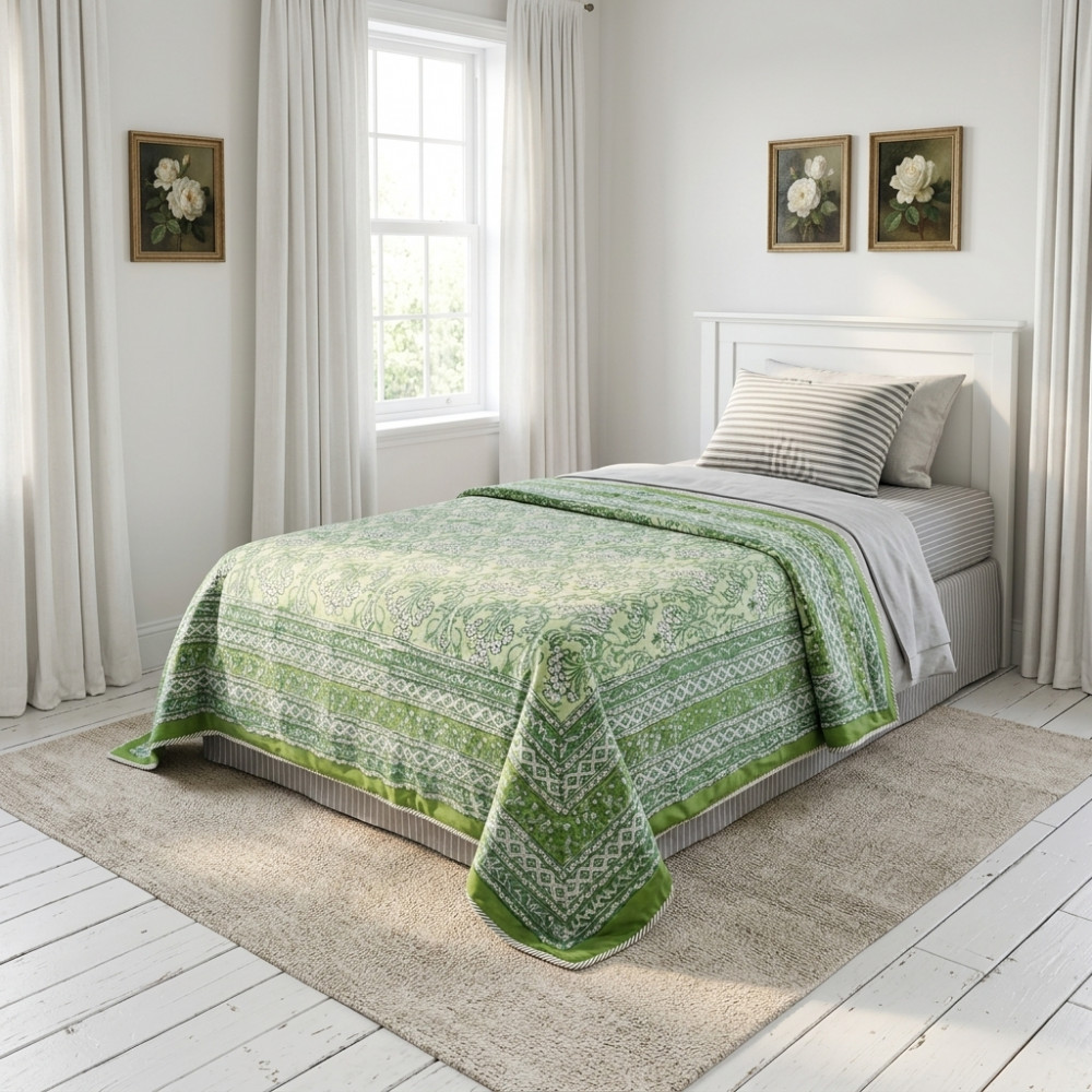 Image of Hand Block Printed Cotton Twin Size Dohar | Raat Ki Rani Green 207006