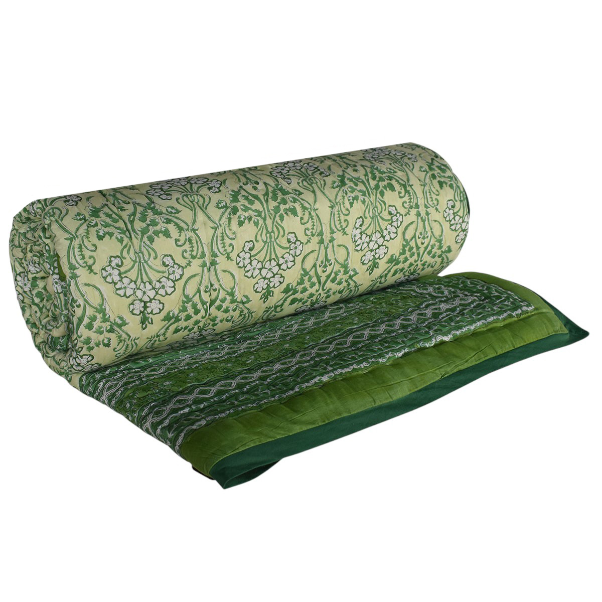 Hand Block Printed Cotton Quilt King Size Raat Ki Rani Green 207006