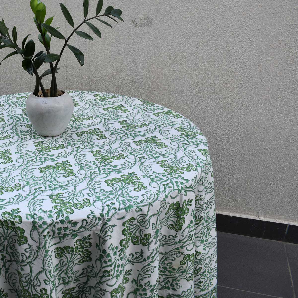 Hand Block Printed Cotton Round Tablecloth 150 cms Raat Ki Rani Green 207006