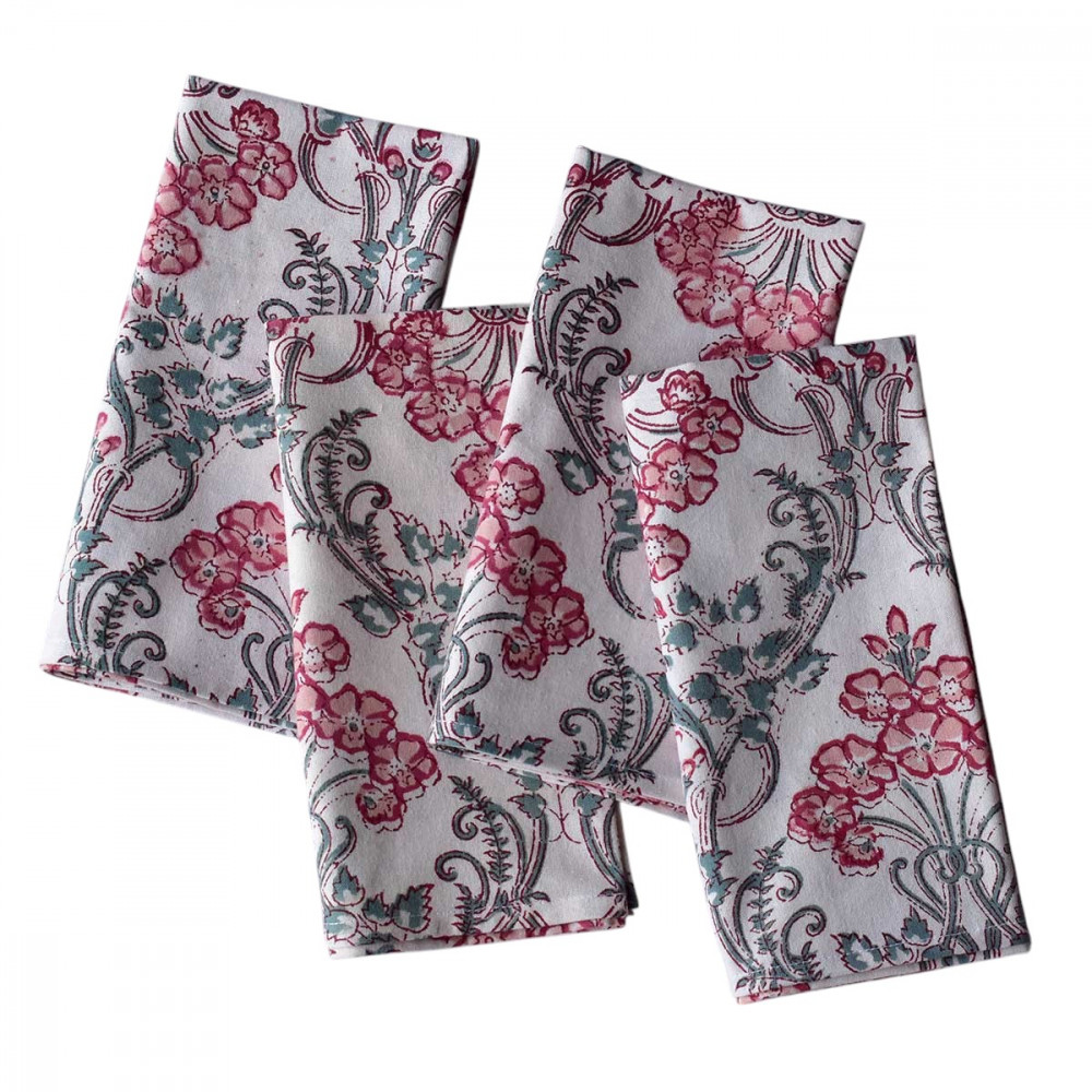 Image of Hand Block Printed Cotton Napkin 45x45 cms (Set of 4 Napkins) | Raat Ki Rani Open 0897